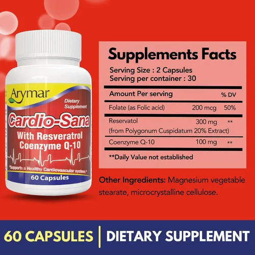 Vista 5 de Arymar Suplemento Cardio-Sana, Co-Enzima Q-10 100 mg, Resveratrol 300 mg, 60 Cápsulas