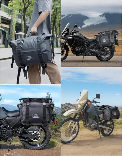Vista 7 de KEMIMOTO Alforjas para motocicleta impermeables de PVC 50L (25Lx2) Bolso de equipaje para bicicleta deportiva dual Adventure, alforjas desmontables