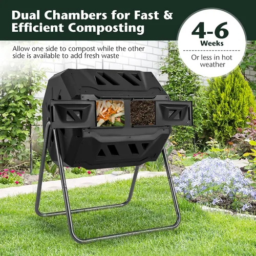 Vista 3 de Goplus Contenedor de compostaje de doble cámara para exteriores de 42 galones con 2 puertas corredizas, marco de metal resistente, compostador Negro