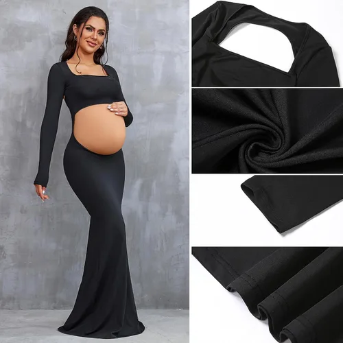 Vista 5 de Bhome Vestido de sesión de fotos de maternidad, manga larga, sexy, recortado, espalda descubierta, vestido largo de maternidad, trajes de fotografía