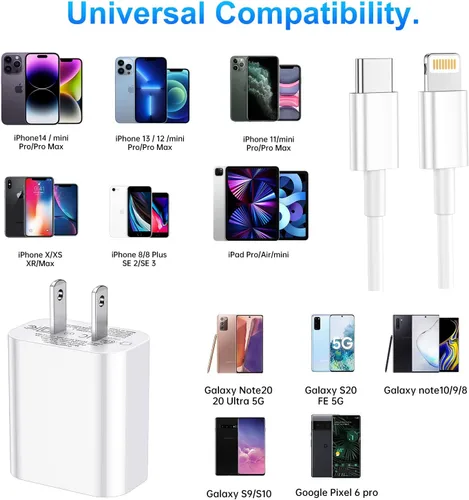 Vista 7 de Cargador de teléfono de carga rápida, [certificado MFi] Cargador de pared USB C de 20 W con 3 cables USB C a Lightning de 6 pies, cable de carga