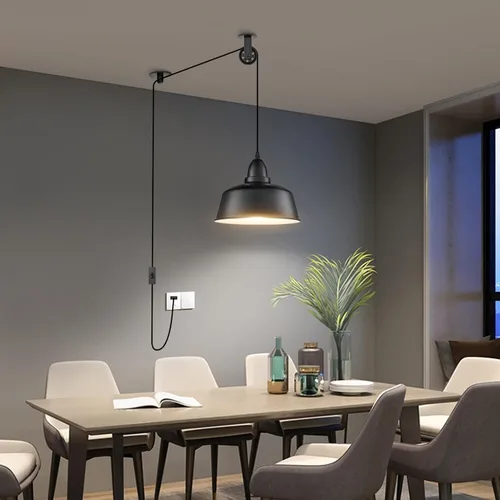 Vista 4 de Farmhouse - Lámpara colgante industrial enchufable, polea negra Hanging Light with Plug in Cord, Pulley Hanging Lamp, For Kitchen Island Bedroom