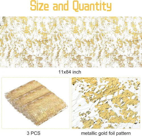 Vista 2 de Tatuo 3 piezas de camino de mesa dorado de malla fina metálica para decoración de bodas, manteles rectangulares de lentejuelas con purpurina dorada