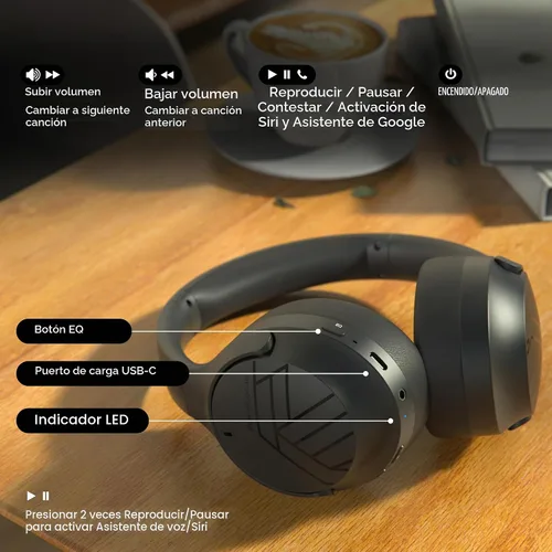 Vista 7 de PowerLocus Auriculares Bluetooth Sobre la Oreja, 60H Tiempo de Reproducción, 4 Modos EQ Auriculares Inalámbricos con Micrófono, Auriculares