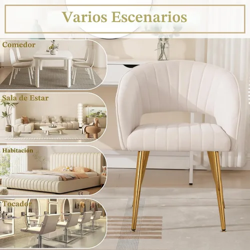 Vista 8 de ABET Juego de 2 sillas de comedor de terciopelo, rayas modernas con patas doradas, color beige
