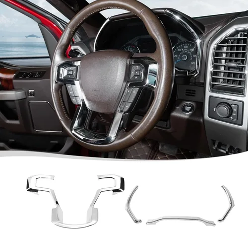 Vista 17 de Voodonala Cubierta de marco decorativo para volante negro con textura de grano para Ford F150 F250 F350 Super Duty 2015 2016 2017 2018 2019 2020