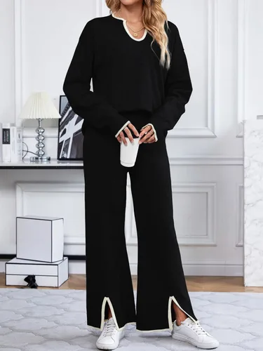 Vista 9 de SuperPrity Conjunto de 2 piezas de suéter para mujer, con cuello de muesca, manga larga, suéter de punto y pierna ancha