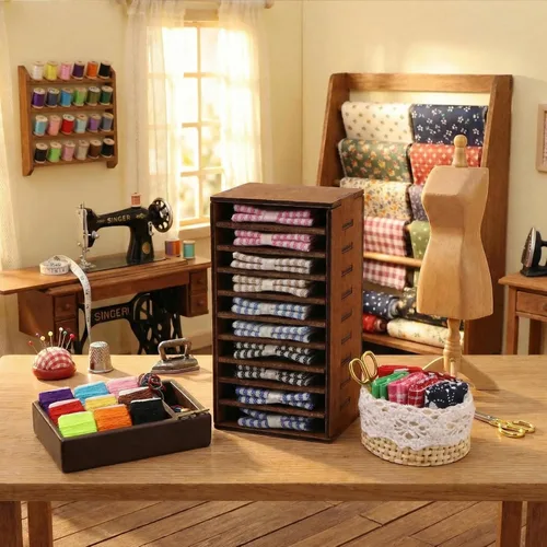 Vista 2 de Accesorios para casa de muñecas, kit de herramientas de costura en miniatura, accesorios para sala de coser, cesta de costura, modelo de simulación