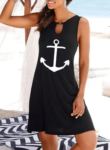 Vista 2 de Vestido de ancla para mujer, vestido de verano para playa, sin mangas, con huecos, longitud hasta la rodilla, vestido corto casual sin mangas