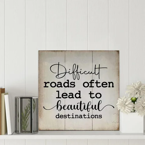 Vista 5 de Divertido letrero de madera para palet con texto en inglés "Difficult Roads Often to Beautiful Destinations", letreros de madera con refranes de 12