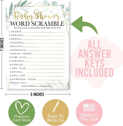 Vista 8 de Hadley Designs 25 palabras verdes Scramble para baby shower, 25 juegos verdaderos o falsos, 25 juegos de animales para bebés, 25 juegos de rimas