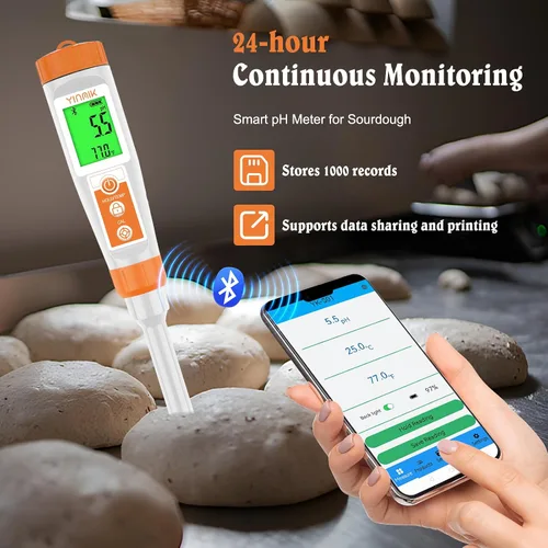 Vista 5 de Medidor de pH inteligente para alimentos - Probador digital de pH con todos los accesorios Medidor de pH YINMIK Lab Termómetro de pH