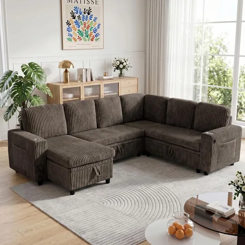 Vista 16 de Sofá cama modular de 103.5 pulgadas con cama extraíble, sofá de gran tamaño con almacenamiento, sofá modular para sala de estar, color beige Negro