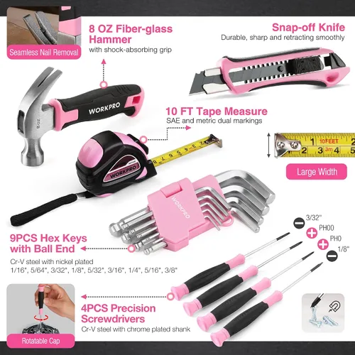Vista 9 de WORKPRO Juego de herramientas para el hogar de 157 piezas con taladro eléctrico de 20 V y WORKPRO 43 piezas, juego de herramientas rosa con taladro