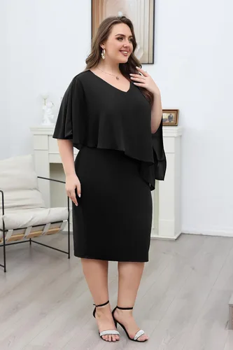 Vista 7 de KIMCURVY Vestido de capa de talla grande para mujer, vestido de tubo con superposición de gasa, vestido midi para boda, cóctel, fiesta