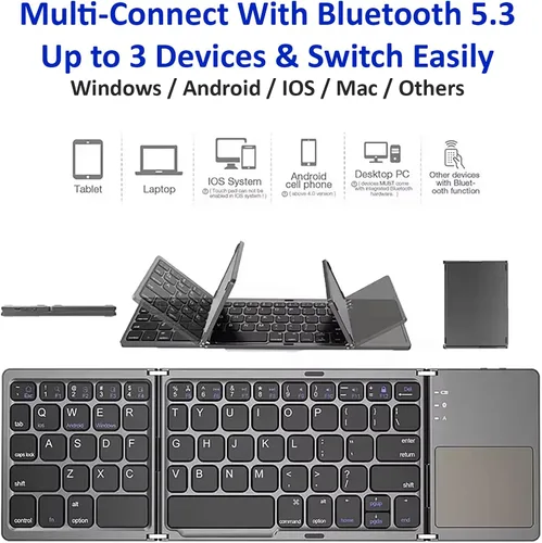 Vista 5 de Teclado inalámbrico plegable delgado compatible con Raspberry Pi 4 Modelo B+ con mouse TOUCHPAD totalmente universal que proporciona 48 horas