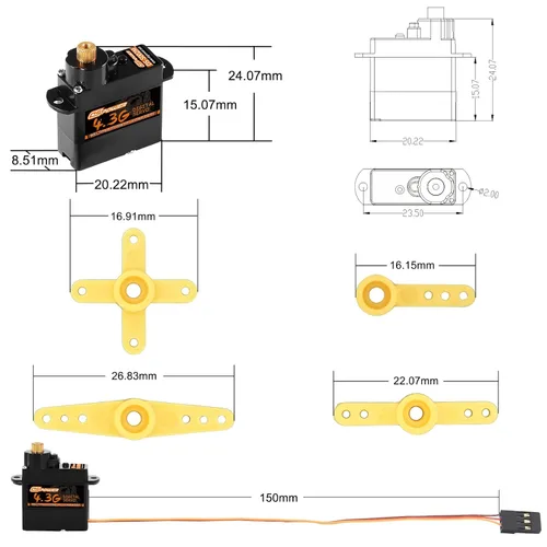 Vista 7 de 2 mini servos 4.3G, servomotor micro digital a control remoto, engranaje de metal, servos de dirección sin núcleo para helicóptero de ala fija