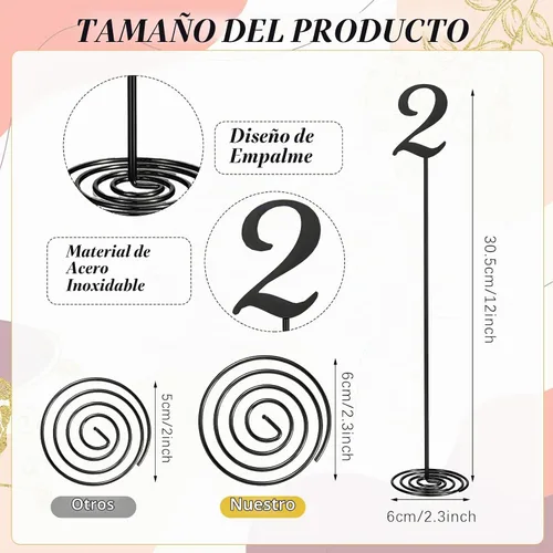 Vista 2 de Therwen 20 piezas Números de mesa de metal 1-20 Números de mesa para recepción de boda Figura de escritorio de acero inoxidable de 30 cm con base