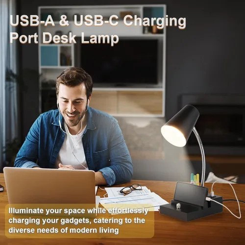 Vista 4 de LALISU Lámpara de escritorio de estudio con carga USB y luz nocturna tipo C, lámpara de mesa LED de cuello de cisne, lámpara de mesa de estudio