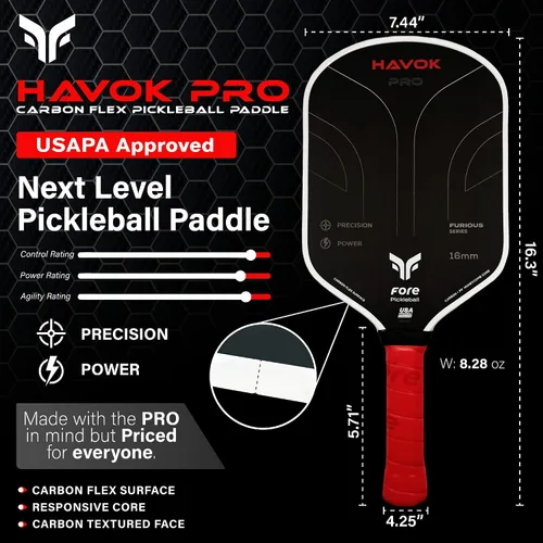 Vista 2 de Havok Pro Pickleball Paddle: Carbon Fiber Surface for Enhanced Power, Precision and Maximum Spin - Large Sweet Spot and USAPA Approved