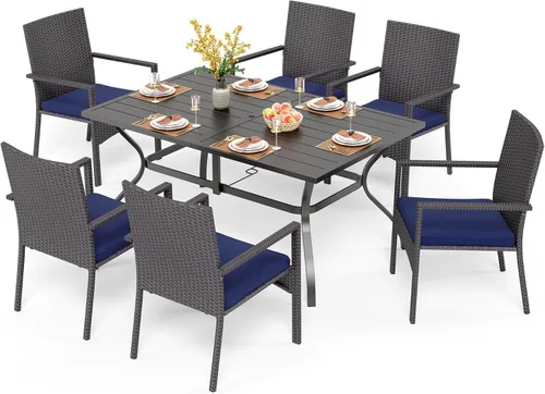 Vista 25 de PHI VILLA Juego de comedor al aire libre de 7 piezas para 6, mesa rectangular de hierro forjado de 152 cm con orificio para sombrilla y sillas