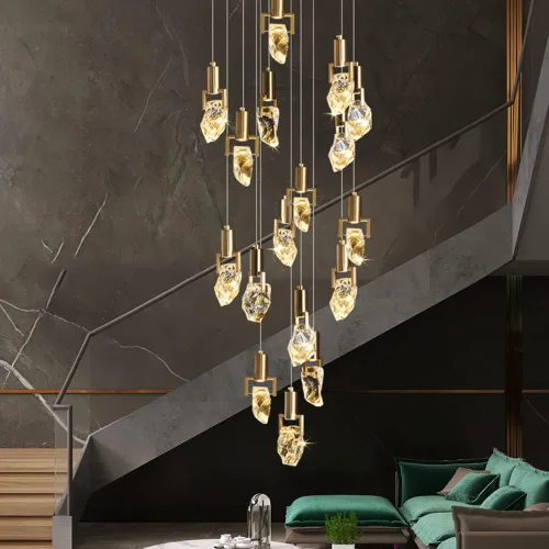 Vista 4 de Lámpara de techo de cristal dorado de 3/5 luces para sala de estar Iluminación de 3 colores lámpara regulable para vestíbulo Raindrop luz LED