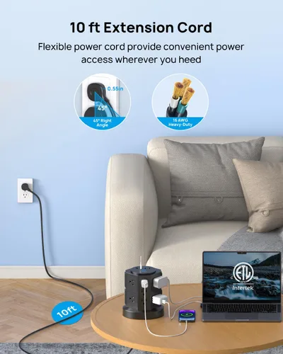 Vista 7 de TROND Tira de alimentación con protector de sobretensiones de torre y USB, 14 tomas ampliamente espaciadas, 2 USB C y 2 USB-A, protección contra