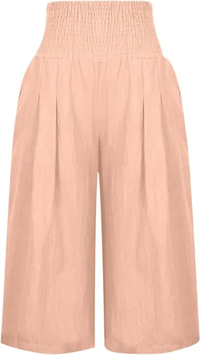 Vista 3 de JEGULV Pantalones capri de lino para mujer, casuales, de cintura alta, pierna ancha, con bolsillo, color sólido, cintura alta, pantalones de yoga