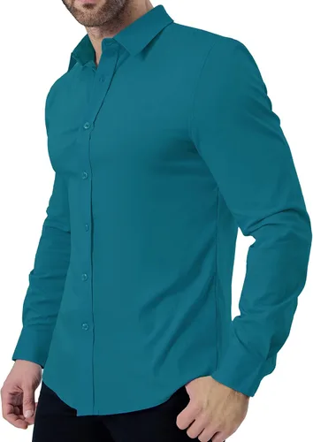 Vista 2 de ZAFUL Camisas de vestir elásticas y ajustadas para hombre, de manga larga, con botones, casual, de algodón