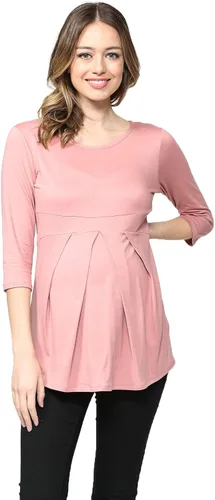 Vista 21 de LaClef - Blusa de maternidad para mujer, cuello redondo, manga 3/4, plisada al frente, estilo peplum Negro Sólido