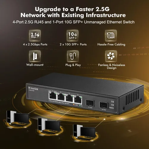 Vista 2 de MokerLink Switch Ethernet de 4 puertos 2.5G con ranura SFP+ de 2 puertos 10G, 4 puertos Base-T de 2.5G compatibles con 10/100/1000Mbps, conmutador