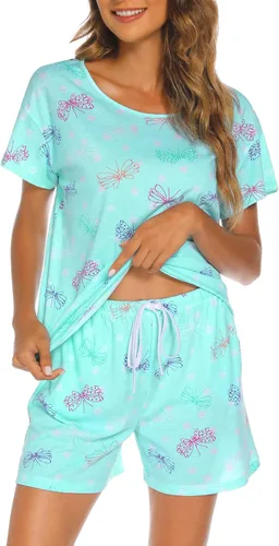 Vista 10 de ENJOYNIGHT - Conjunto de pantalones cortos de pijama para mujer, pijamas de algodón para verano, ropa de dormir con bolsillos Negro