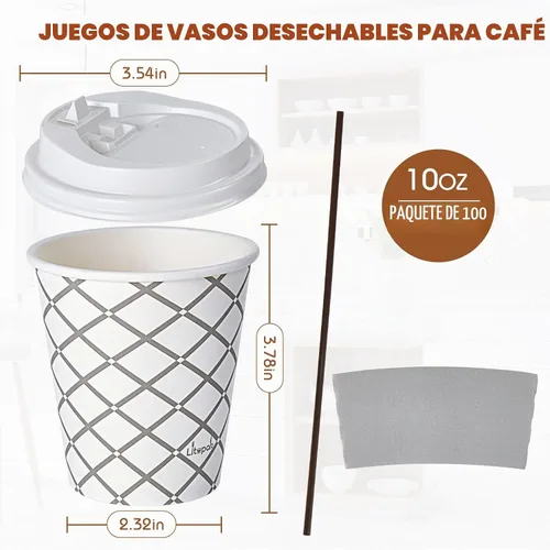 Vista 2 de LITOPAK - Paquete de 100 tazas de café de papel de 10 onzas con tapa, manga, agitadores
