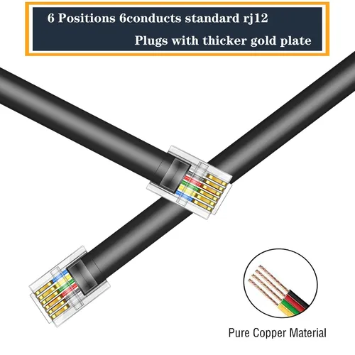 Vista 4 de LanSenSu Cable RJ12 RJ12 6P6C macho a macho recto con cable para uso de datos y voz, paquete de 2 unidades (negro, 3.3 pies)