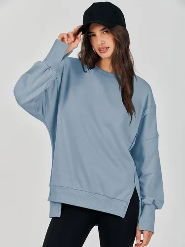 Vista 5 de LOGENE Sudadera de gran tamaño para mujer, cuello redondo, manga larga, casual, con abertura, ropa de otoño 2023