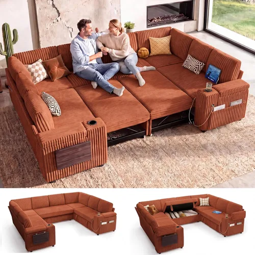 Vista 24 de WEUP Sofá cama modular de 111 pulgadas con cama extraíble, sofá de pana de felpa en forma de L de 7 asientos con diván de almacenamiento, puertos
