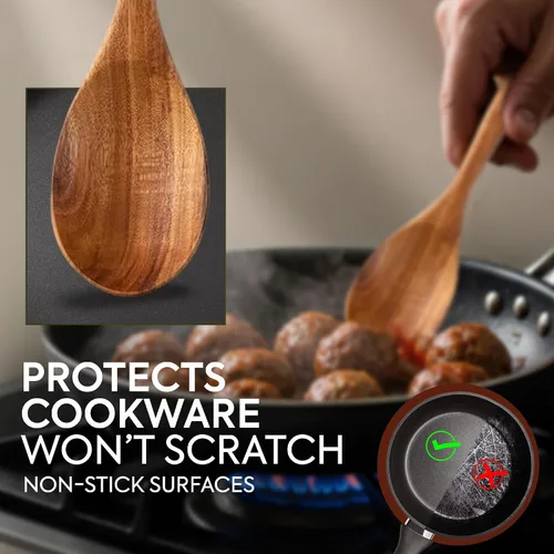 Vista 3 de Cuchara de madera de teca de mango largo de 12 pulgadas para cocinar con soporte de cuchara grande de teca, cucharas de madera de primera calidad