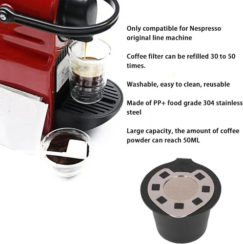 Vista 2 de Cápsulas de café reutilizables para Nespresso, cápsulas de café de acero inoxidable con cepillo para cuchara, taza de cápsula de 1.7 fl oz cápsulas