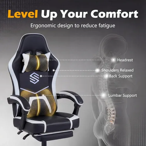 Vista 4 de GIANTEX Gaming Chair, Height Adjustable Computer Desk Chair with Headrest, Lumbar Support, Linkage Armrests, Reclining Backrest & Footrest Negro
