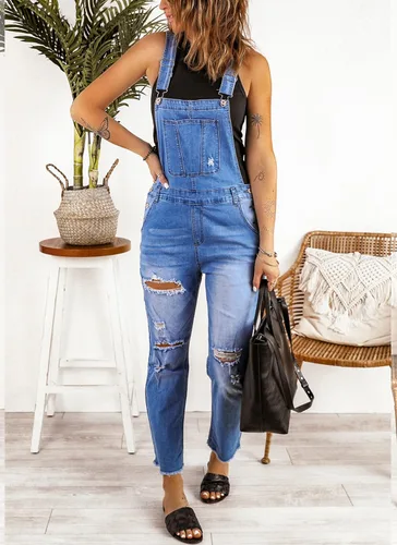 Vista 5 de Luvamia - Overol de mezclilla con pechera para mujer, de diseño informal, elástico y ajustable