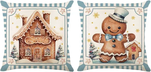 Vista 3 de TyCan Juego de 2 fundas de almohada decorativas de Navidad, diseño de casa de jengibre y niña de jengibre para dormitorio de niños, sala de estar