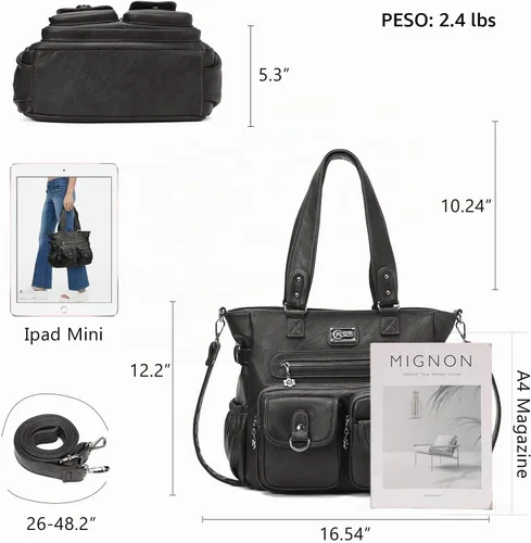 Vista 2 de KL928 Bolsos grandes para mujer, bolso de hombro, bolso de mano, elegantes bolsos Hobo de cuero vegano para señoras, A-Negro-4 01-gris carbón