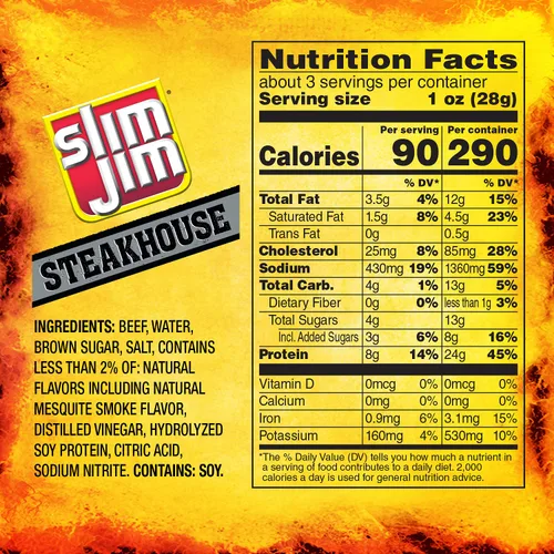 Vista 6 de Slim Jim - Tiras de carne ahumada, sabor a mezquite ahumado, 0.28 oz de proteína por porción, 3.15 onzas (1 unidad)