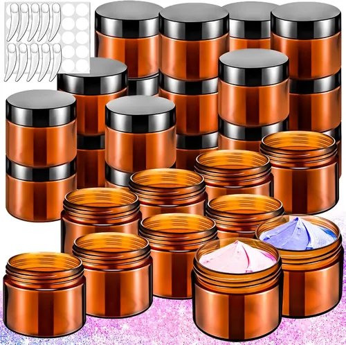 Vista 16 de Paquete de 50 de 10 g pequeños contenedores de cosméticos de plástico con tapas, frascos de maquillaje de 10 gramos de color ámbar con espátulas