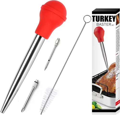 Vista 10 de Baster de acero inoxidable para pavo con cepillo de limpieza, jeringa de grado alimenticio para cocinar y rociar con 2 agujas inyectoras de adobo