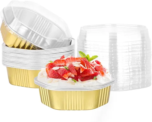 Vista 18 de Beasea Tazas desechables para hornear con tapas, juego de 50 unidades, 13.5 oz 400 ml, ramekins de aluminio con tapa de papel de aluminio, moldes