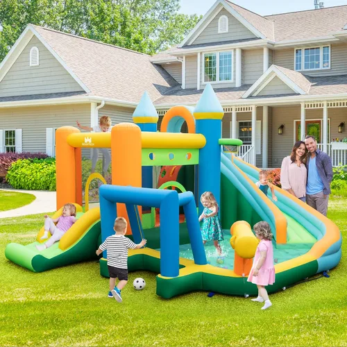 Vista 8 de BOUNTECH Tobogán acuático inflable, castillo de salto de agua 9 en 1 para niños con soplador, toboganes dobles, pelotas oceánicas, puerta de fútbol