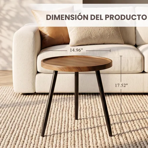 Vista 6 de danpinera Mesa auxiliar redonda, mesa decorativa con patas de metal con bandeja de madera, mesa auxiliar redonda pequeña para sala de estar