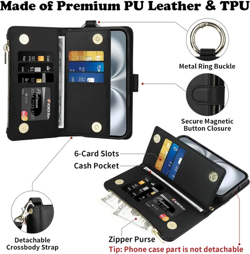 Vista 2 de Vofolen Funda tipo cartera para iPhone 16 con tarjetero y bloqueo RFID Negro