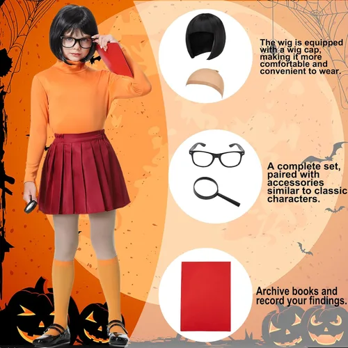 Vista 3 de Disfraz de Velma para niñas Daphn Cosplay Scoob Halloween Dress Up Peluca Accesorios Set